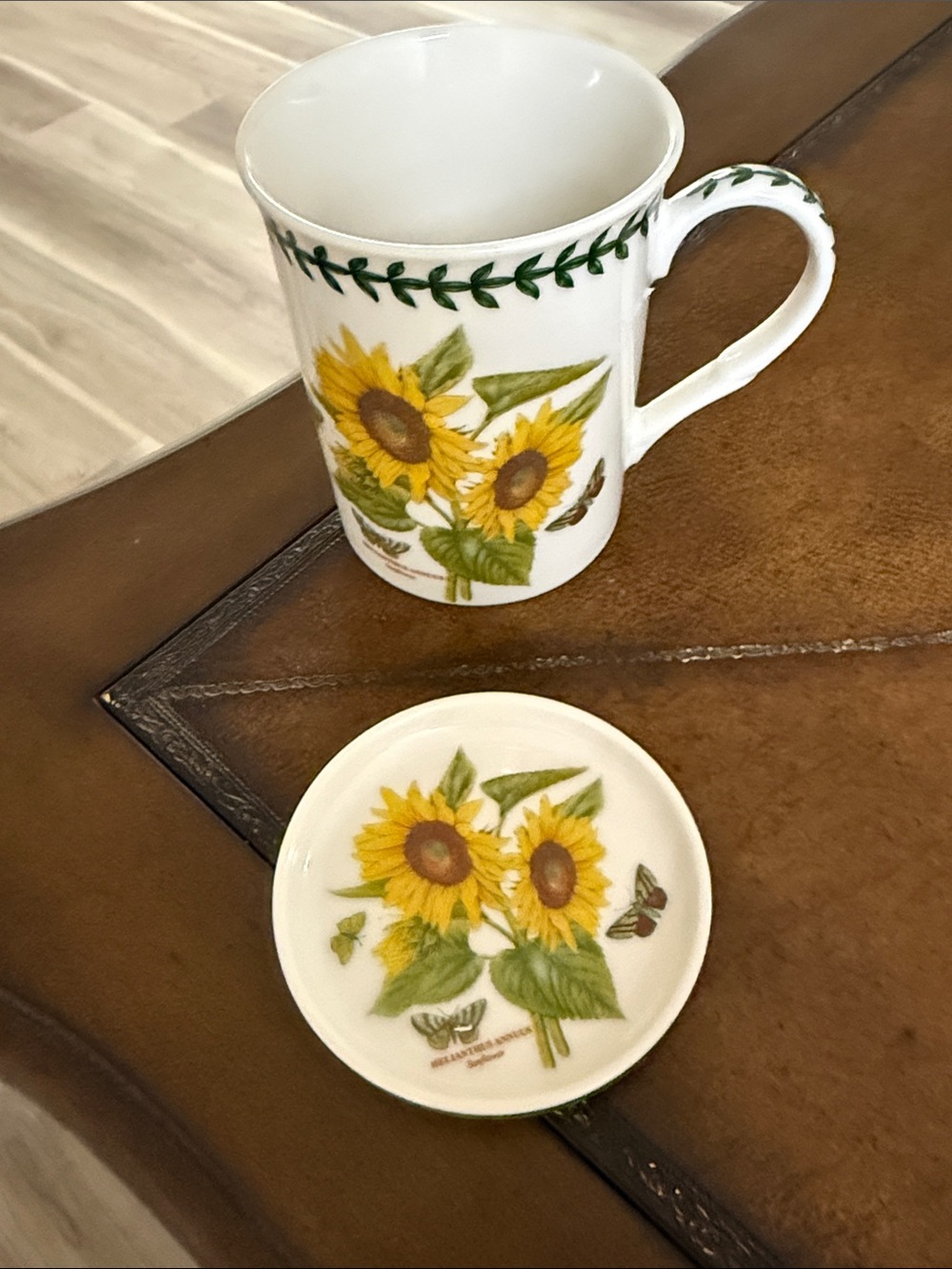 Portmeirion White Sunflower Mug and Saucer with Green Leaf Trim